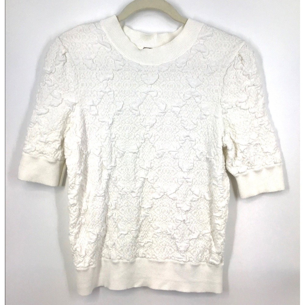 Free People M‎ Ivory Textured Floral Rib Knit Pullover 3/4 Sleeve Boho Soft Girl